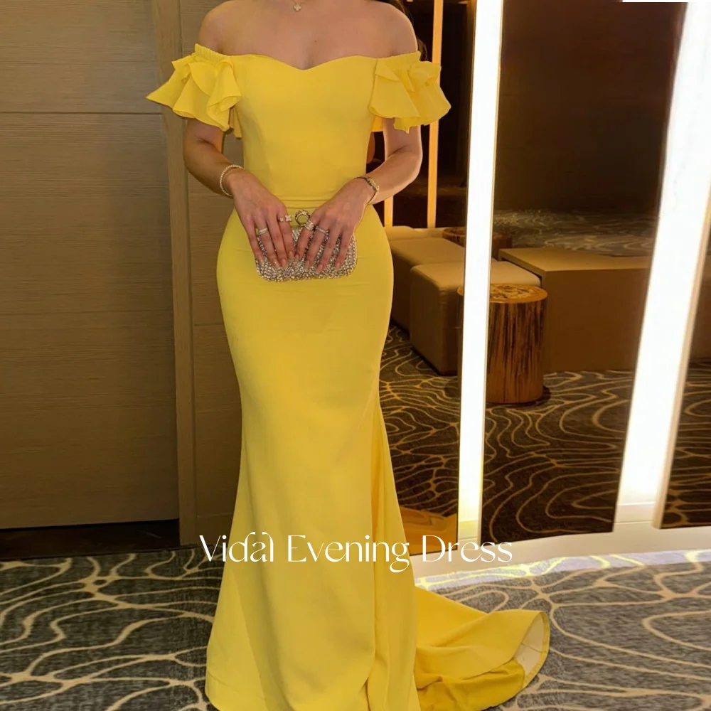 

Vindal Sweetheart Off the Shoulder Ruffle Evening Dresses Yellow Mermaid Prom Dresses Customized فساتين سهره