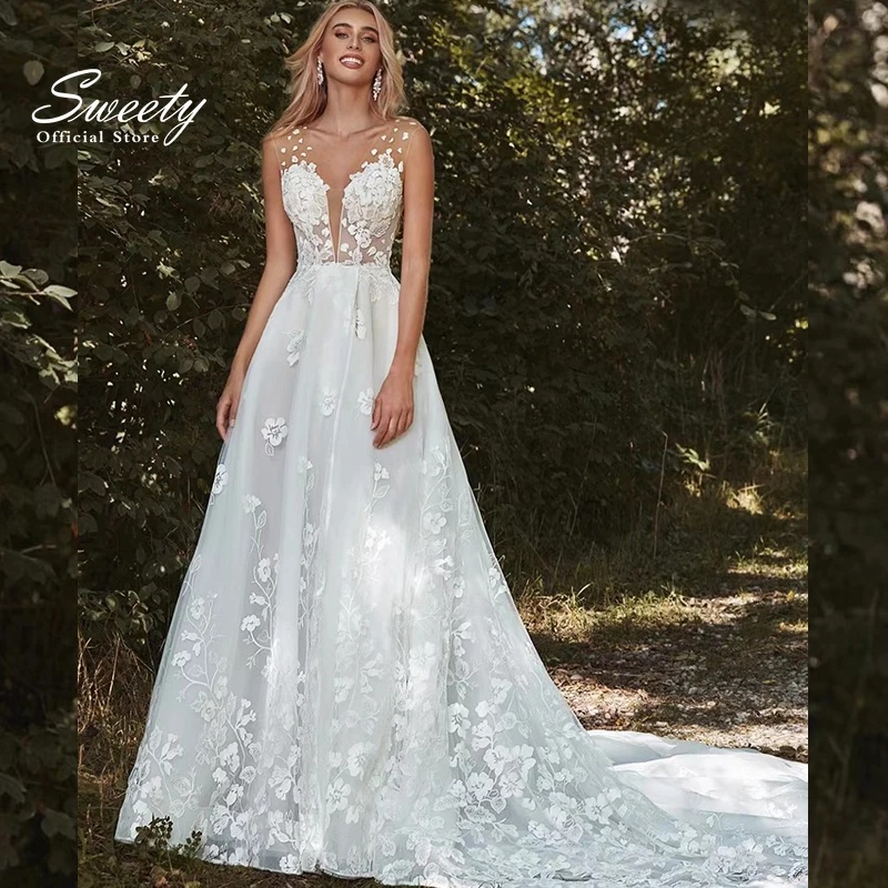 Robe De Mariée Simple en mousseline De soie, longueur au sol, col en v, sans manches, fente latérale, ligne A, boutons