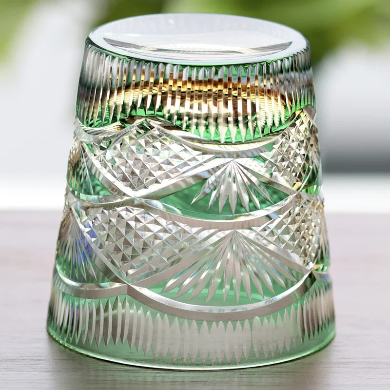 Hand Carved Japanese Style Whiskey Glass, Color Overlay Crystal Old Fashioned Tumbler 320ml