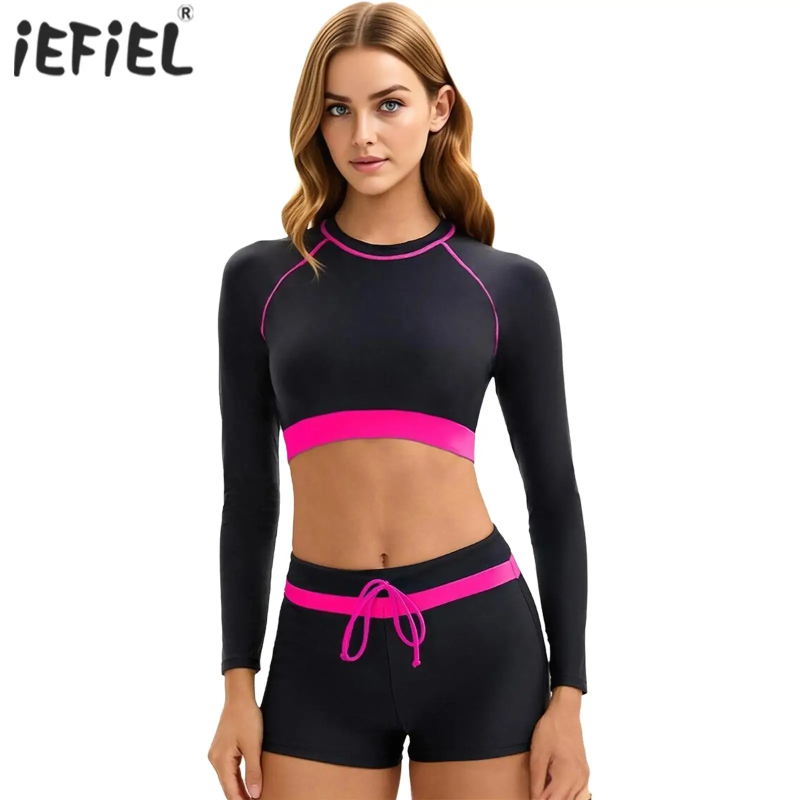 Womens 2 Pieces Conservative Sun-protection Sporty Swimwear Long Sleeve Cheat Pads Short Top with Shorts Swimsuit for Swimming