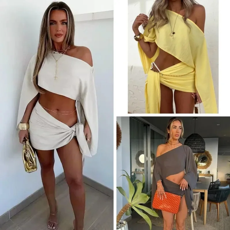 

Sexy Diagonal Neck Asymmetric Long Sleeve Top Two-Piece Set With Tied-Waist Short Skirt Stylish Beach Resort Sun-Protection Set