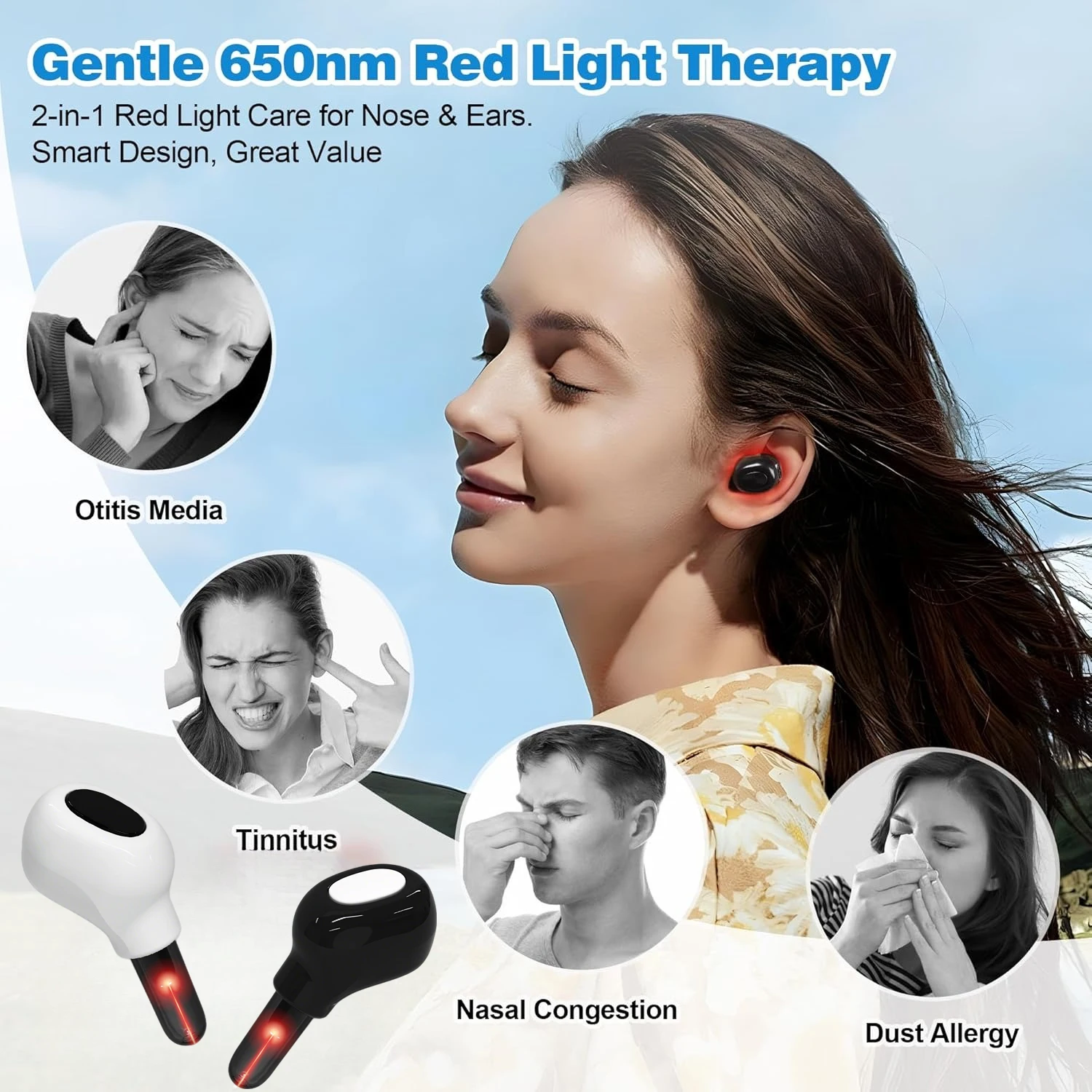 2 Peças de Irradiador a Laser Portátil Recarregável para Canal Auditivo, com Fones de Ouvido, Laser 650nm, para Redução de Zumbido e Otite Externa/Média