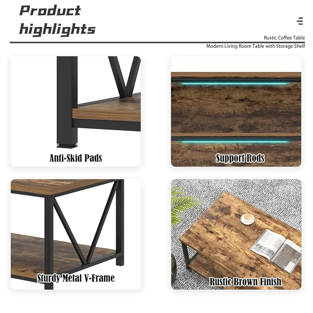 Modern Coffee Table, Rustic Wood And Metal Living Room Table With Storage Shelf, Industrial Rec Center Table, 47 H