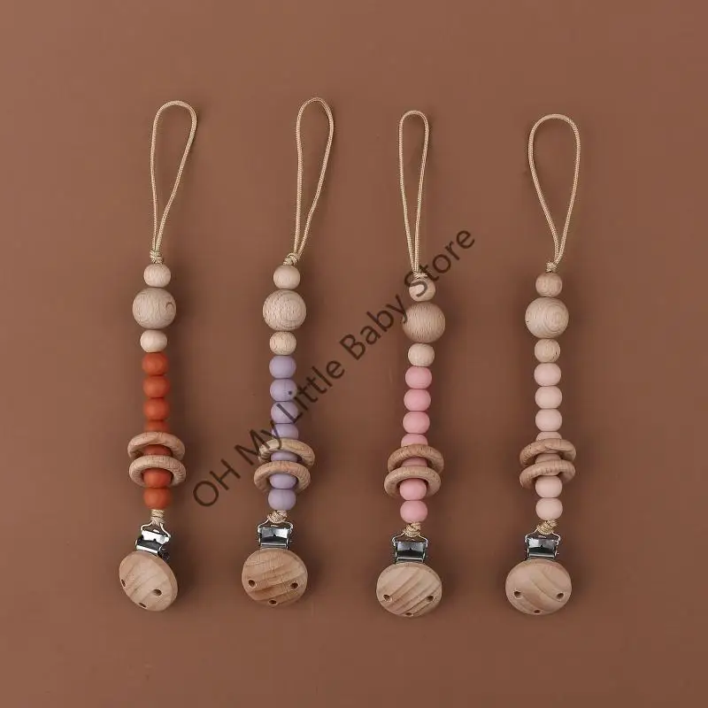 M76C هوة كليب مع سيليكون التسنين حبة حلقة خشبية عضاضة كليب هوة سلسلة سلامة الطفل مهديء مضغ سلسلة ألعاب