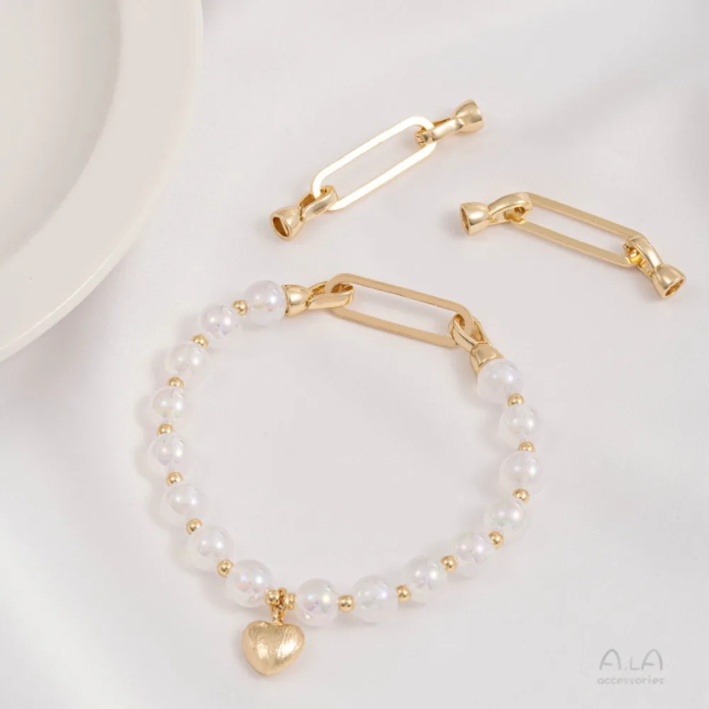 Klip Tembaga Warna Emas 14K Bentuk Oval Strip Sederhana Fashion Gesper Mutiara Buatan Tangan DIY Kalung Rantai Sweater Aksesoris Ujung Rantai