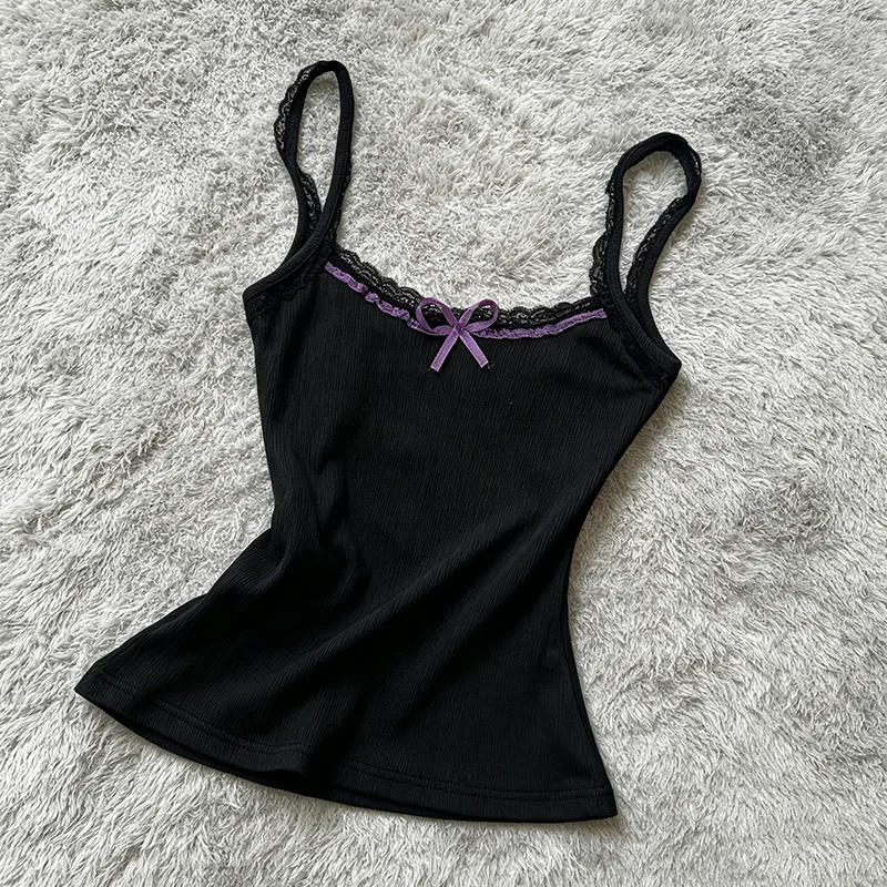 Women's Coquette Lace Trim Camisole Black Ribbed Tank Top with Purple Bow Detail Sweet Style Sleeveless Top Summer