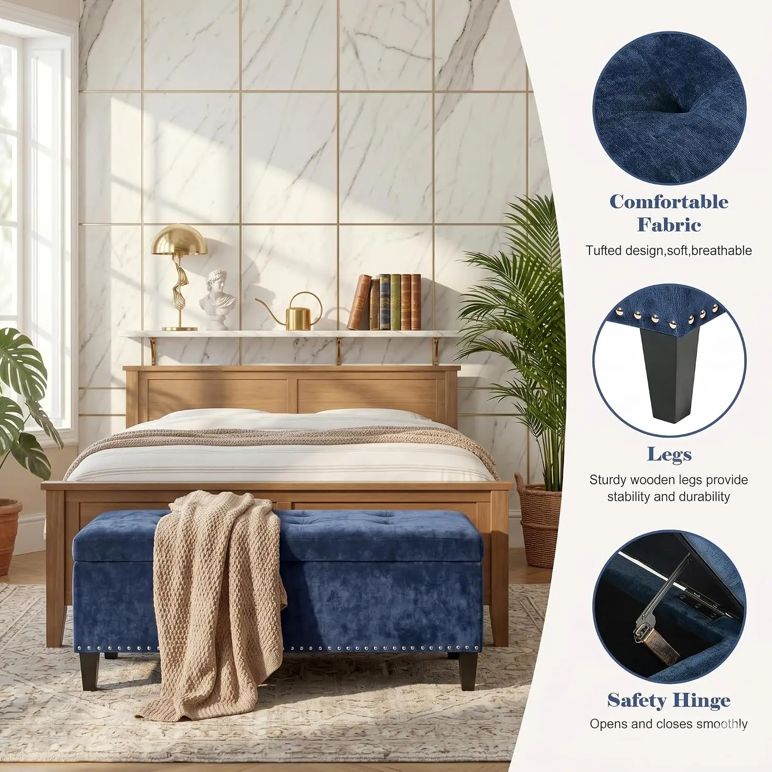 Microfiber Tufted Storage Ottoman Bench with Safety Hinges, Rectangular Bedroom & Entryway Bench, 41