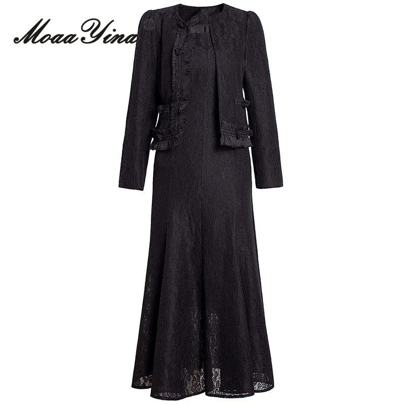 

MoaaYina Черный кружевной комплект из двух предметов с квадратным вырезом и длинными рукавами для торжественных случаев, модный комплект из полиэфирного волокна