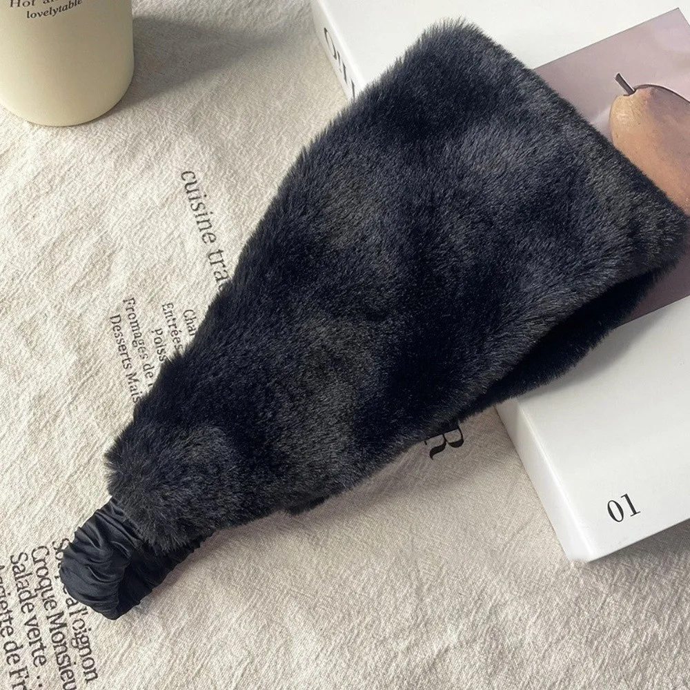 New Wide Design Fluffy Headband Elastic Solid Color Hair Band Imitation Fur Soft Headwear Women Accessories