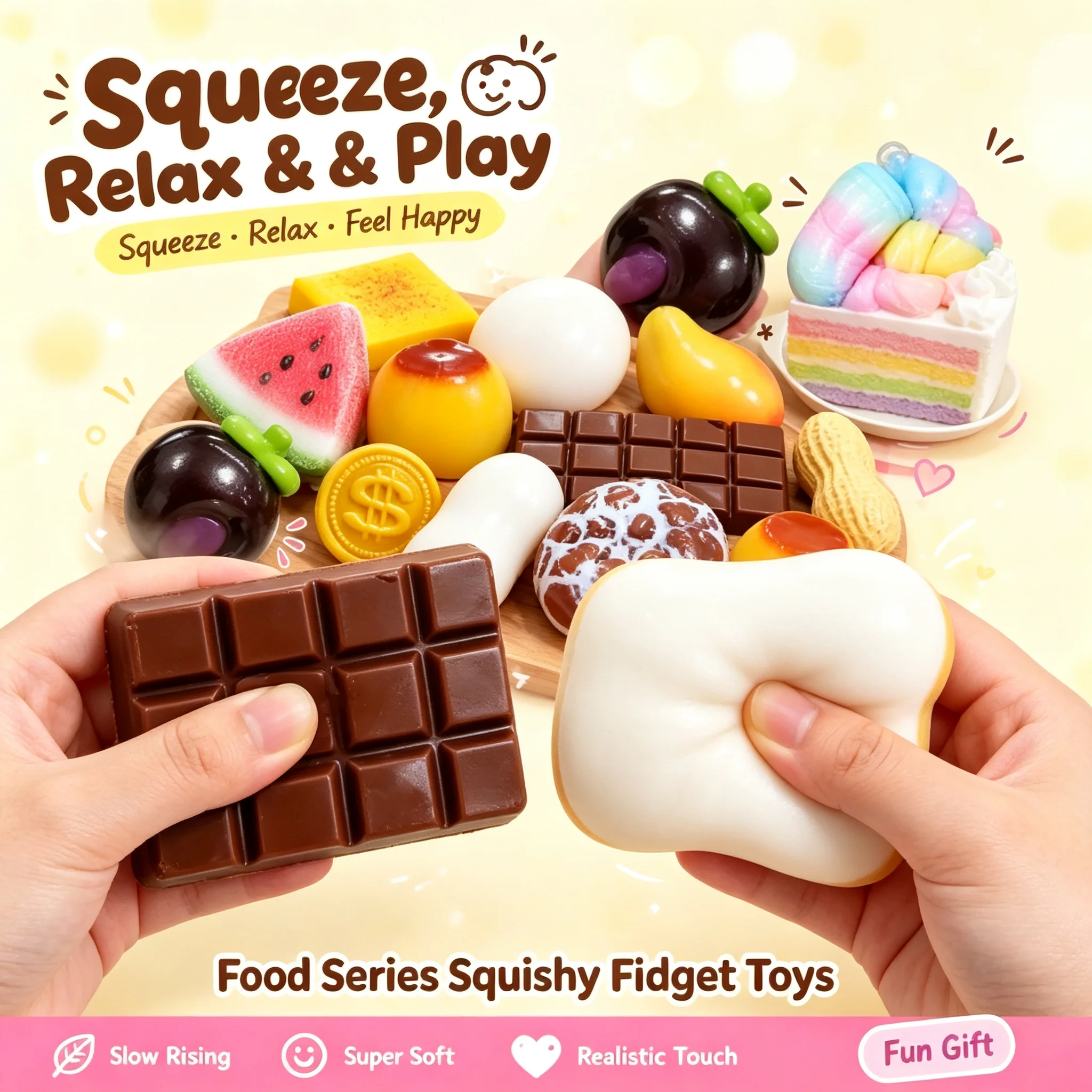Simulation Food Squishy Toy Slow Rebound Fruit Dessert Squeeze Fidget Toy Realistic Texture Stress Relief Sensory Birthday Gift