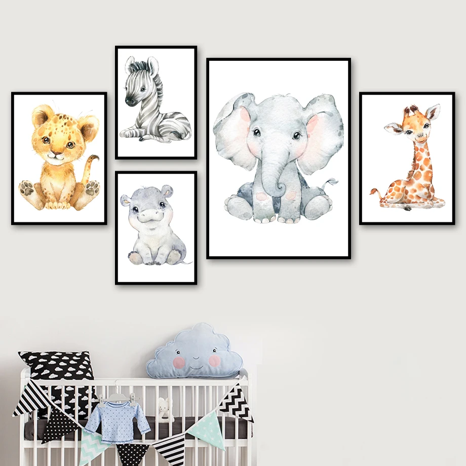 Diamond Painting Cartoon Cute Animal Wall Art Giraffe Elephant Lion Zebra Hippo Nordic Style Poster Children's Room Decoration