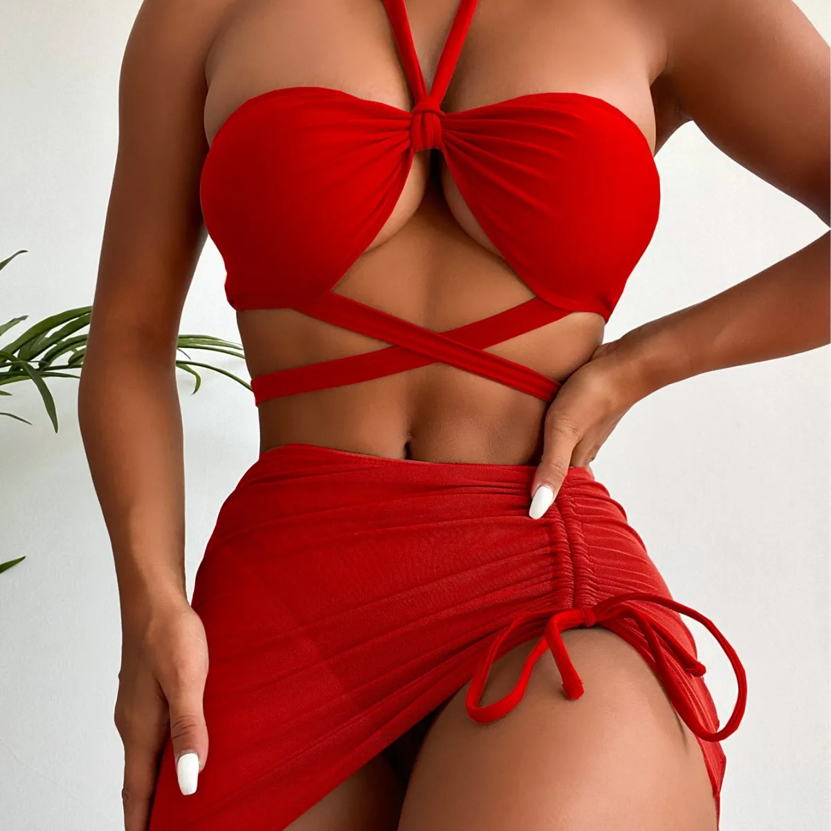 Solid Color Three-piece Swimsuit Bikini 2026 New Fashion Swimming Suit for Women Brazilian Style Beach Hollow One-piece Swimsuit