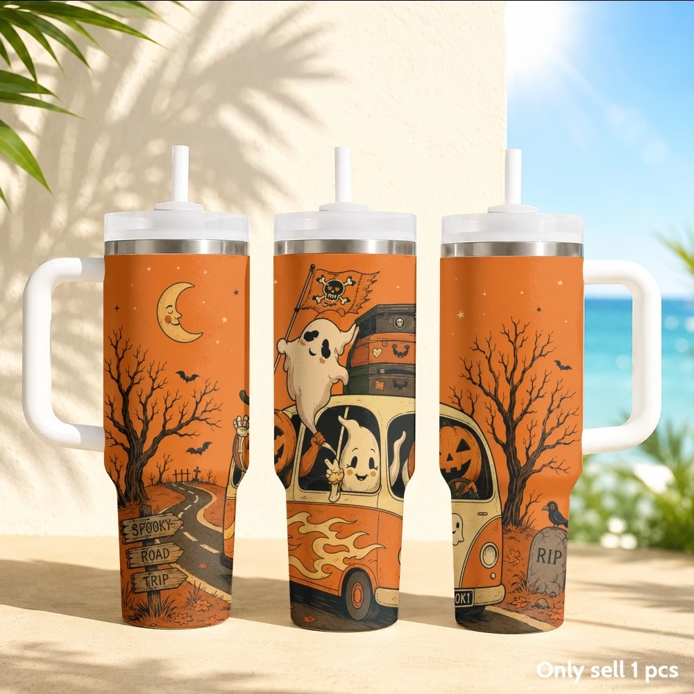 Interesting Halloween Ghosts Vacuum Flasks 40oz Stainless Steel Insulated Tumbler with Handle & Straw Leakproof Travel Mug