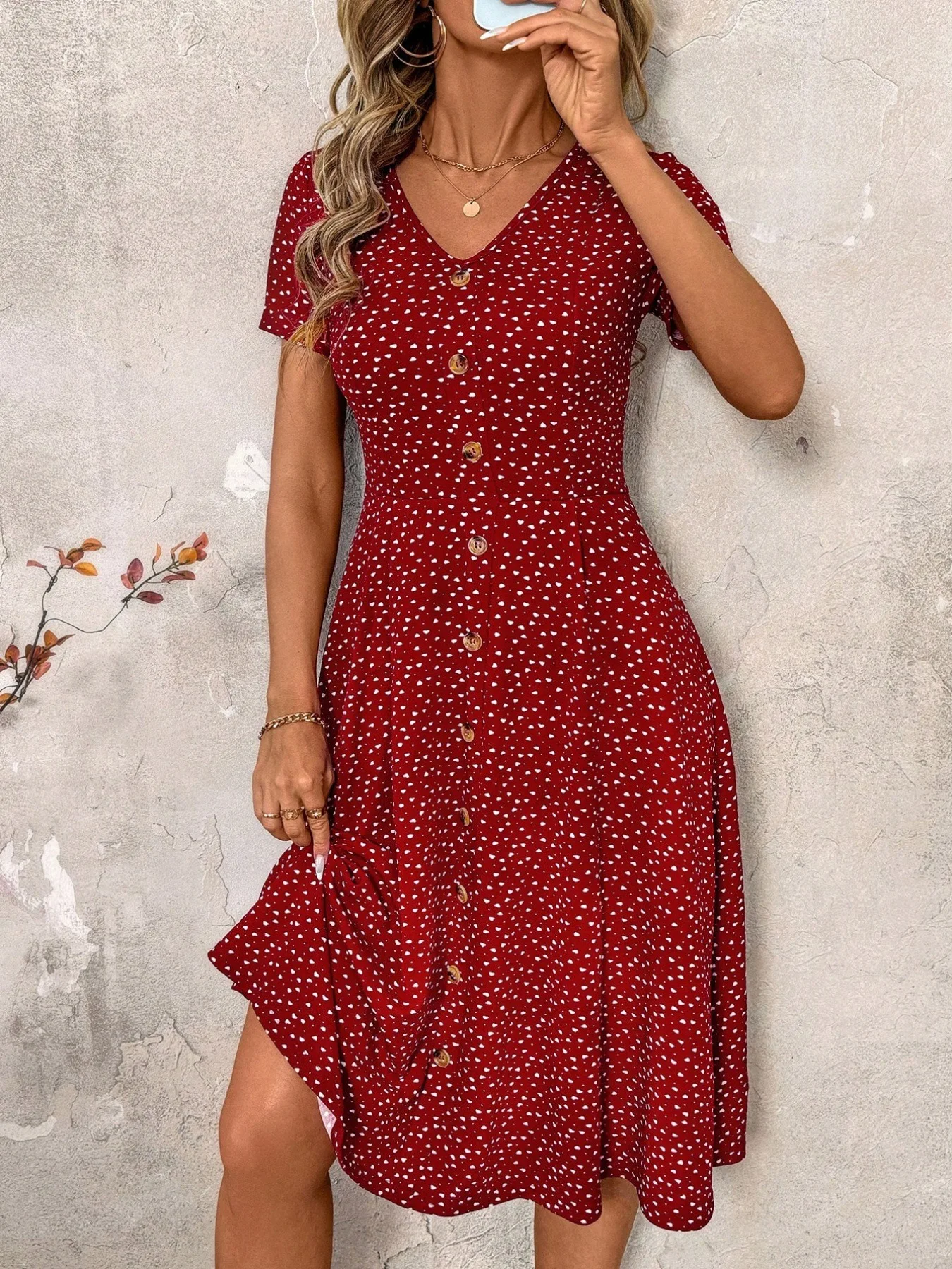 Damen Polka Dot V-Ausschnitt Midikleid Lässiges Knopfleisten-Kurzarmkleid A-Linie Swing Sommer Strandkleid – Detail 16