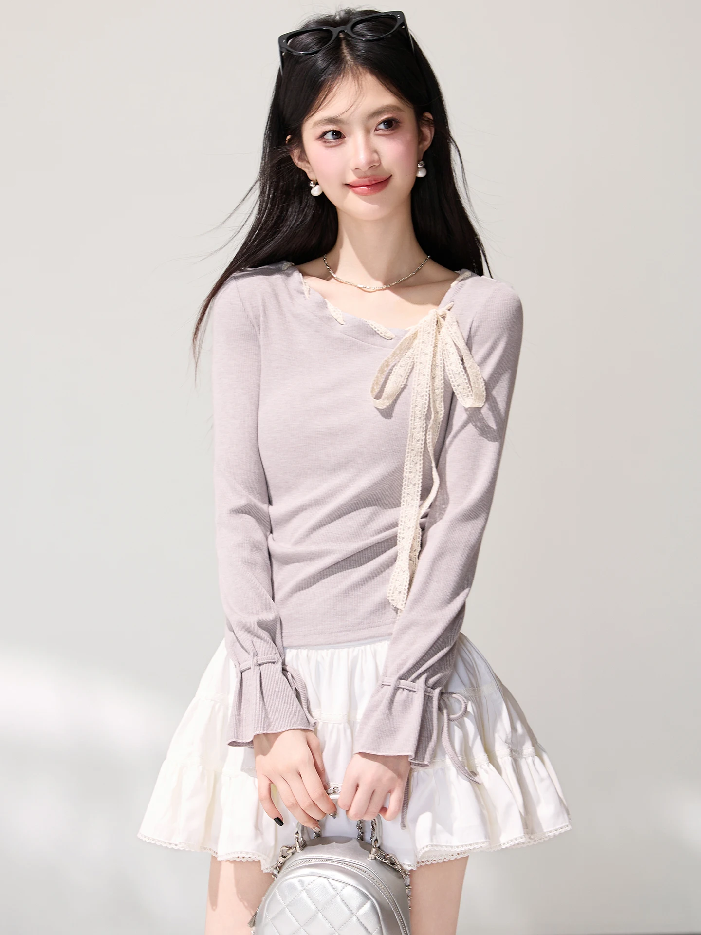 

2026 Spring New French Purple Sloping-Collar Long-Sleeve T-Shirt with Bowknot Lace-Up T-Shirt and Waist-Controlling Top