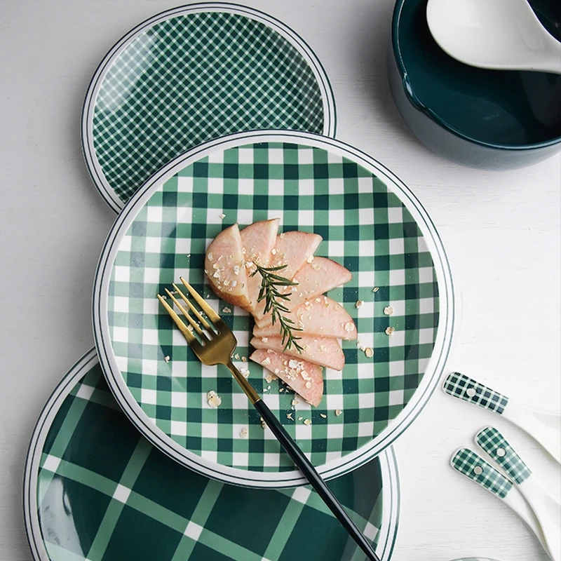 Ceramic Dinnerware Green Checkered Dinner Plate Noodle Rice Bowl Ramen Bowl Pasta Dessert Dishes Microwave Safe