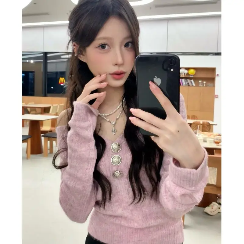 

Sexy Off Shoulder V Neck Sweater Women 2025 Spring Sweet Waist Long Sleeve Slim Fit Knitted Tops Fashion Short Pullover