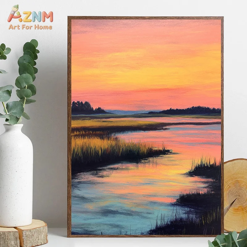 AZNM Sunset Wetland Landscape Dog Crane Wildlife Frameless Canvas Poster Rustic Living Room Wall Art Decor