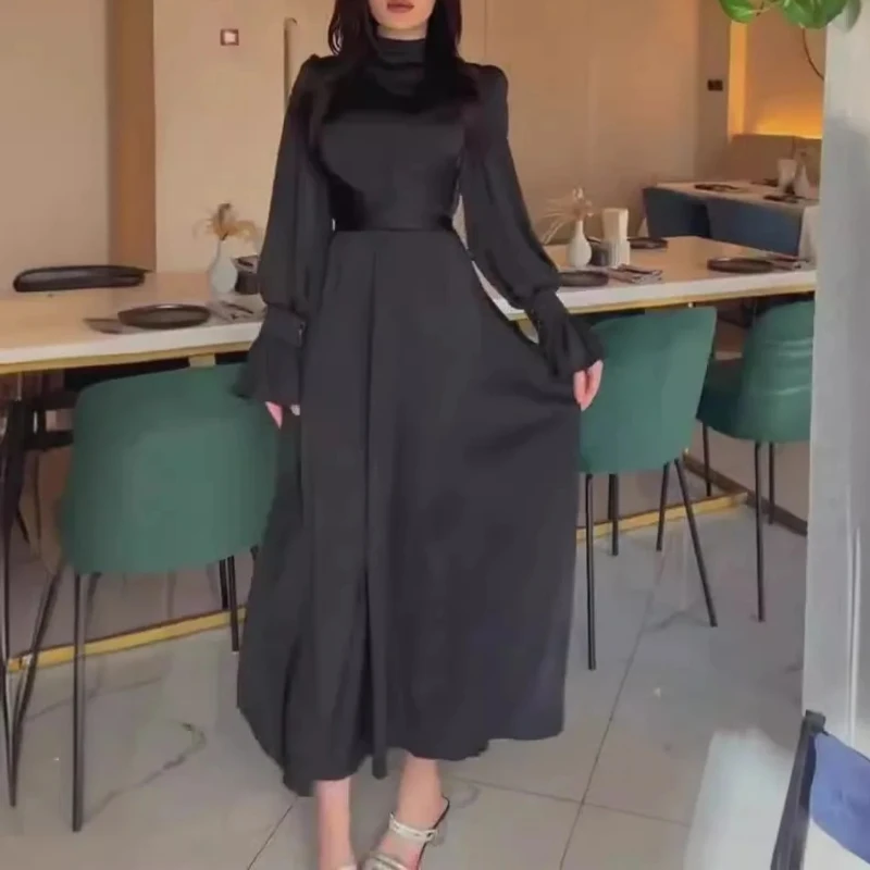 2025 ฤดูใบไม้ร่วงซาตินผู้หญิงชุดยาวสีดําชุดราตรี Lace Up โคมไฟ Elegant หญิงใหม่แฟชั่นพรรค Vestidos สุภาพสตรี