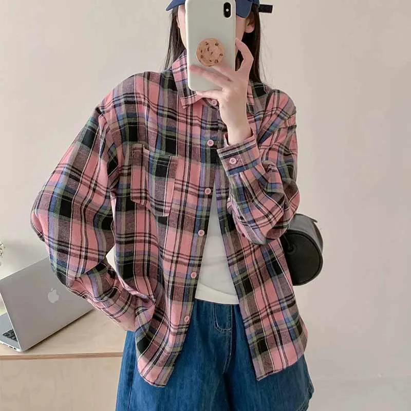

American Style Vintage Check Shirts Female 2025 New Cotton Loose Long Sleeve Casual Blouse Korean Fashion Fine Women's Clothes