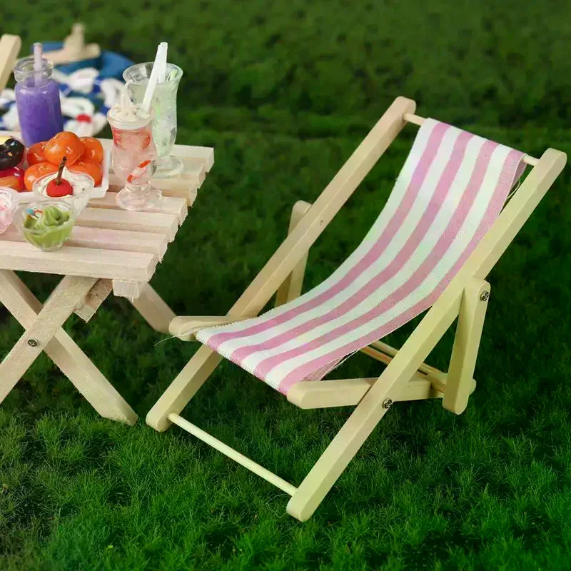 1Pcs 1:12 Dollhouse Miniature Beach Chair Toy Striped Plastic DIY Foldable Deckchair For Dolls Decor