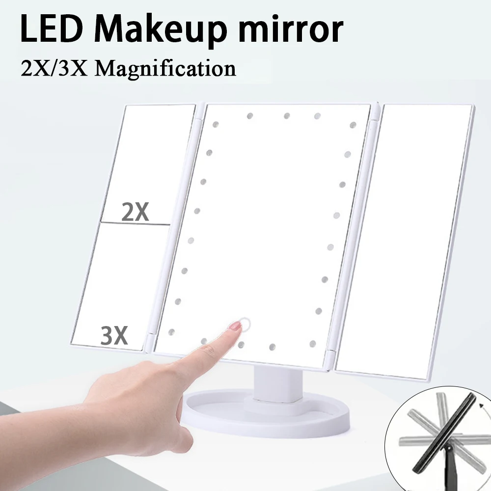 

22 LED Vanity Mirror 1/2/3X Magnifying Folding Makeup Mirrors 180 Rotation Stepless Dimmer Cosmetic Mirrors with Storage Tray