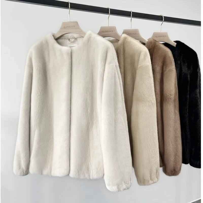 Abrigo de piel de visón Natural auténtica para mujer, chaqueta gruesa y cálida con cuello redondo, moda de invierno, novedad de 2023