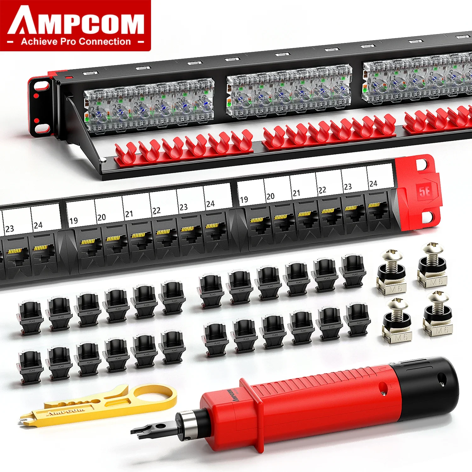 ampcom-cat5e-24-ports-19-panneau-de-brassage-utp-serie-industrielle-contacts-jack-plaques-or-50u-avec-inserts-anti-poussiere-et-mini-denudeur