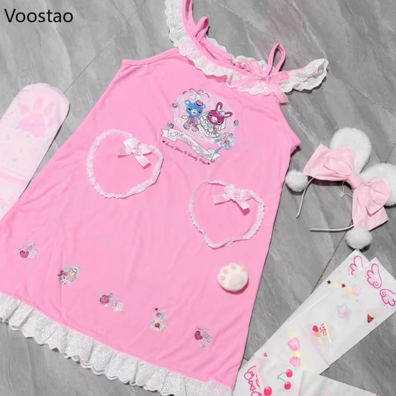 Sweet Lolita Style Dress Women Kawaii Bow Cartoon Bunny Bear Print Princess Party Mini Dresses Japanese Girls Harajuku Y2k Dress