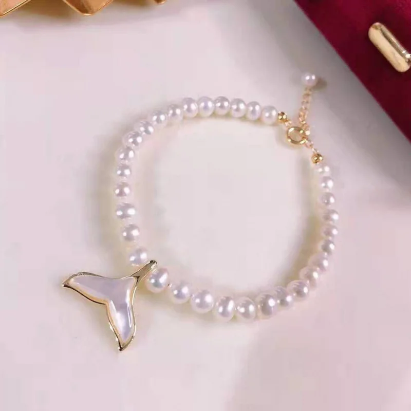 Fishtail Style Freshwater Pearl Bracelet 5mm Approx. Women's Butterfly Shell Inlaid Fashionable Fresh and Versatile Elegant Temp