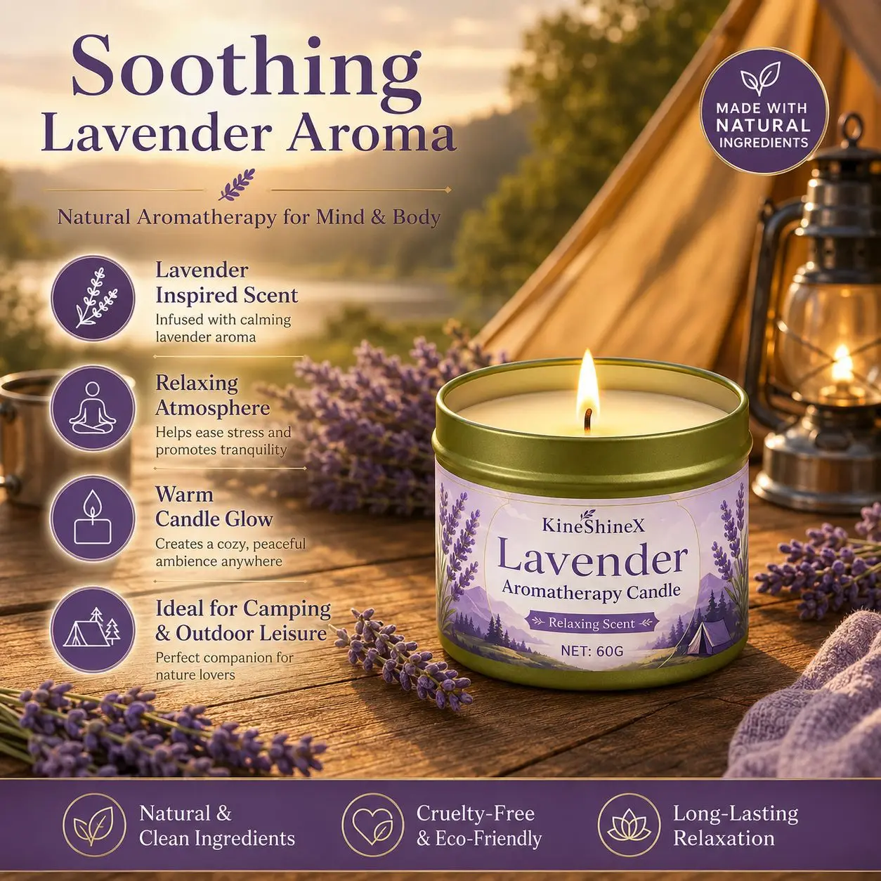 Lavender Aromatherapy Candle 60g –Relaxing Scent for Camping,Outdoor & Home,Long-Lasting Up to 25H,Natural Soy Wax,Cozy Ambience