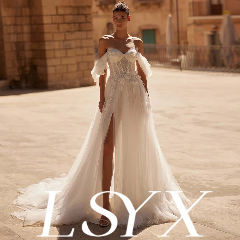 LSYX – robe de mariée personnalisée en Tulle, épaules dénudées, fente haute, décoration florale, Style romantique et élégant, Compatible avec les événements, détail exquis