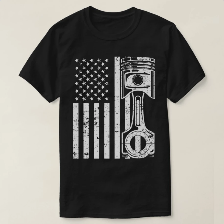 Patriotic American Flag Piston Vintage Muscle Car T-Shirt 100% Cotton O-Neck Short Sleeve Summer Casual Mens T-shirt Size S-3XL
