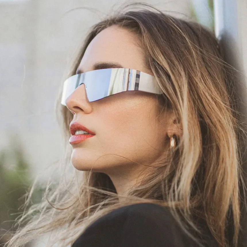 

Sunglasses for women cyberpunk frameless sense of science and technology All in one bungee sunglasses sunshade for men Y2K color