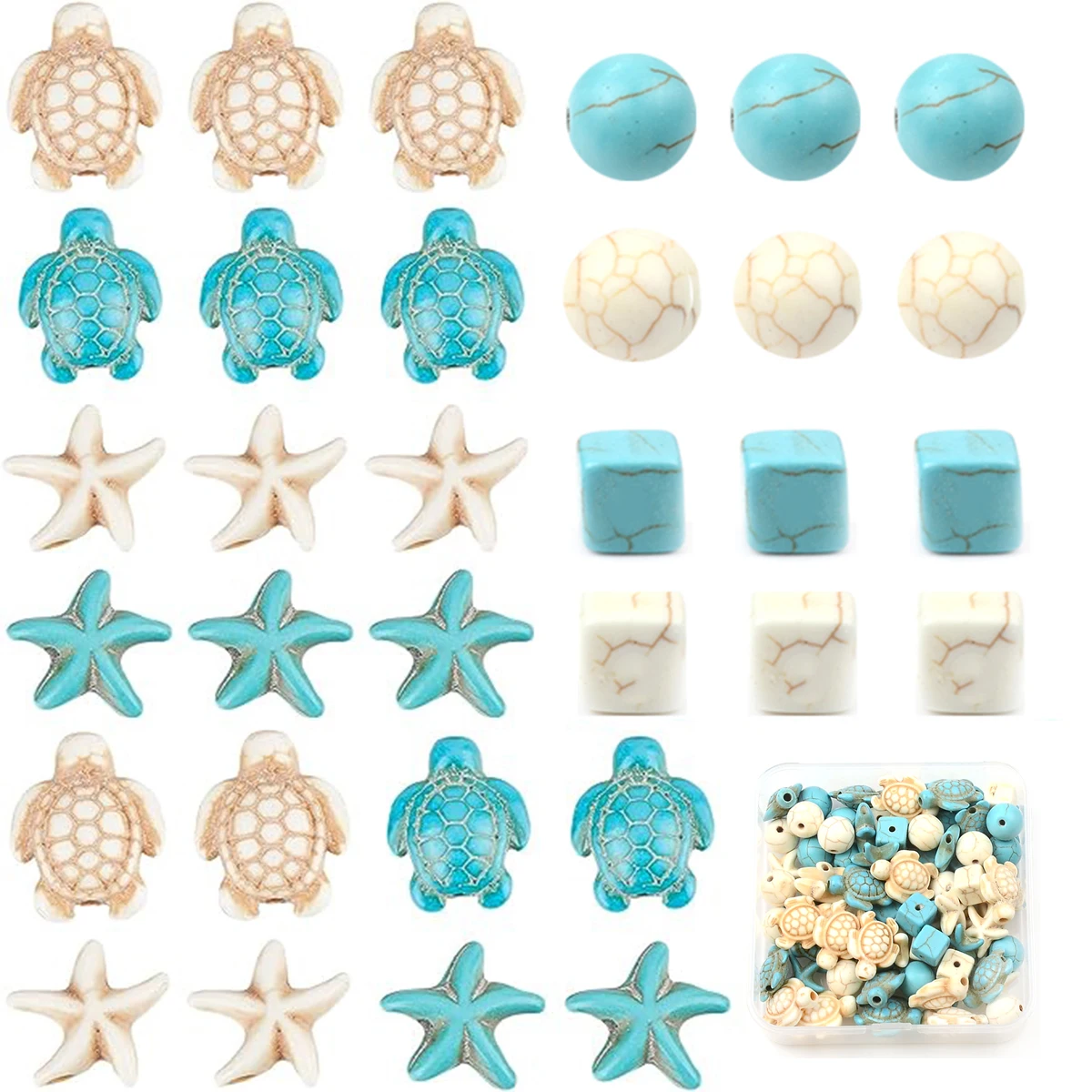 1 Box of 80 Pieces Turtle Star Round Cube White Blue Synthetic Turquoise Charm Beads Jewelry Making DIY Accessories Bead Set