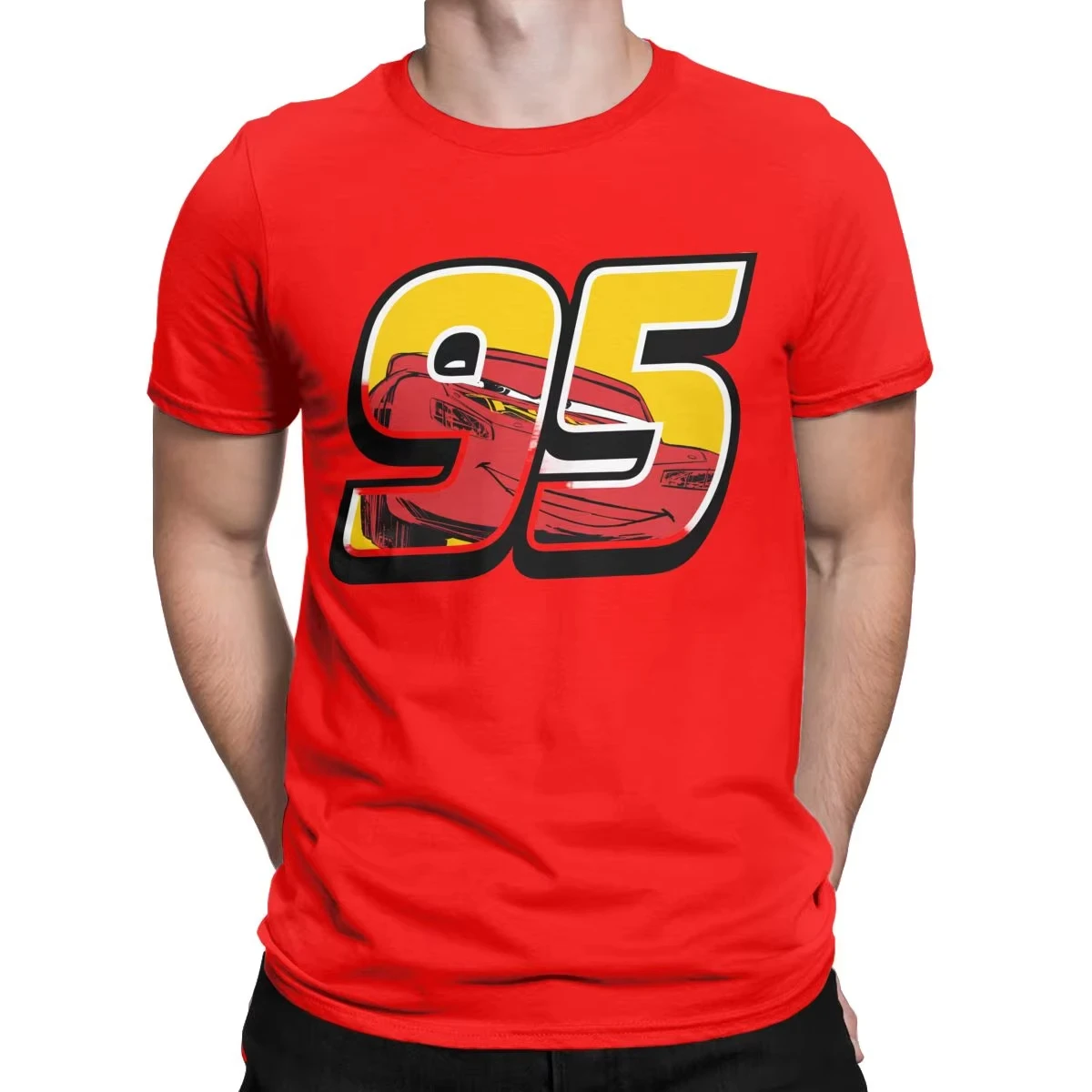 Men T-Shirt Lightning McQueen Go 95 Funny 100% Cotton Tee Shirt Short Sleeve Cars T Shirt Crewneck Clothes Gift Idea