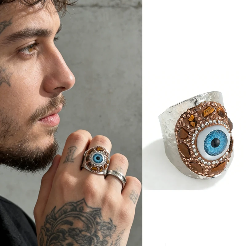 Letdiffery Exaggeration Evil Eye Wide Band Rings for Men Women  Stainless Steel Punk Zircon Brown Stones Eye Statement Open Ring