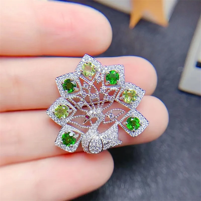 

New Pendant Brooch S925 Silver Natural Peridot Diopside Necklace Brooch for Women Birthday Gift Gemstone with Certificate