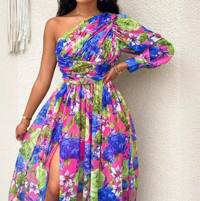 Women Elegant 2024 Spring Summer Latest Dress Diagonal Collar Fashionable Off Shoulder Long Lantern Sleeve Print Maxi Long Skirt