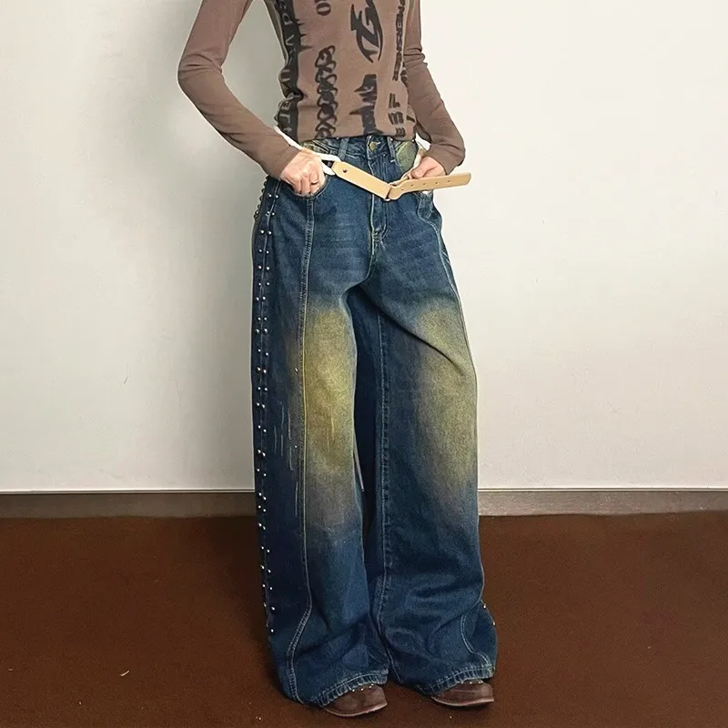 

2023 Y2K Streetwear Embroidered Flare Baggy Wide Leg Jeans Pants For Women Clothes Straight Loose Denim Trousers Pantalon Femme