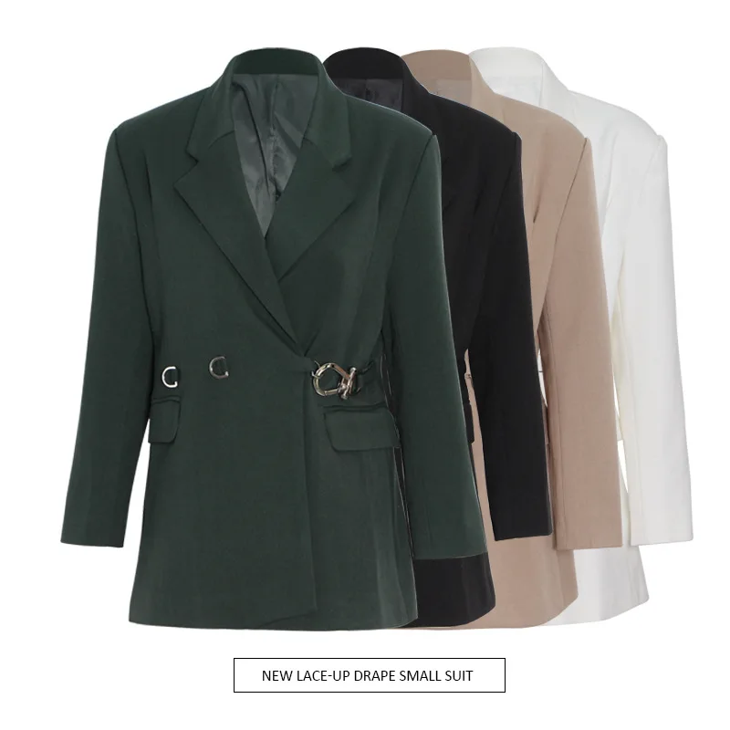 

Универсальная куртка во французском стиле ретро 2021, новый дизайн с пряжкой на лацкане, однотонный свободный и тонкий маленький костюм, женский тренд