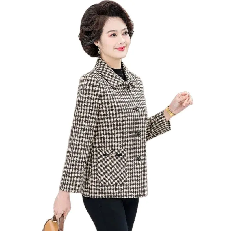 

2023 New Spring Women's Jacket Tops Short Casual Plaid Coat For Middle-Aged Elderly Mothers Single-Nreasted Autumn Outerwear