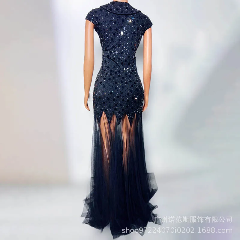 Abito avvolgente alla moda con spacco in rete nera, compleanno, sera di fascia alta, modello adulto, passerella, abito alla moda, maxi abiti per invitati al matrimonio