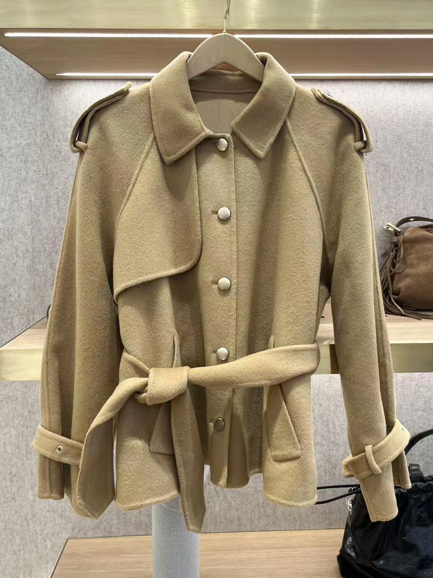 

M Home Nan You High End Women's Autumn Design Sense Belted Woolen Cardigan Coat Fem Faionable Commute Sle Long Sve