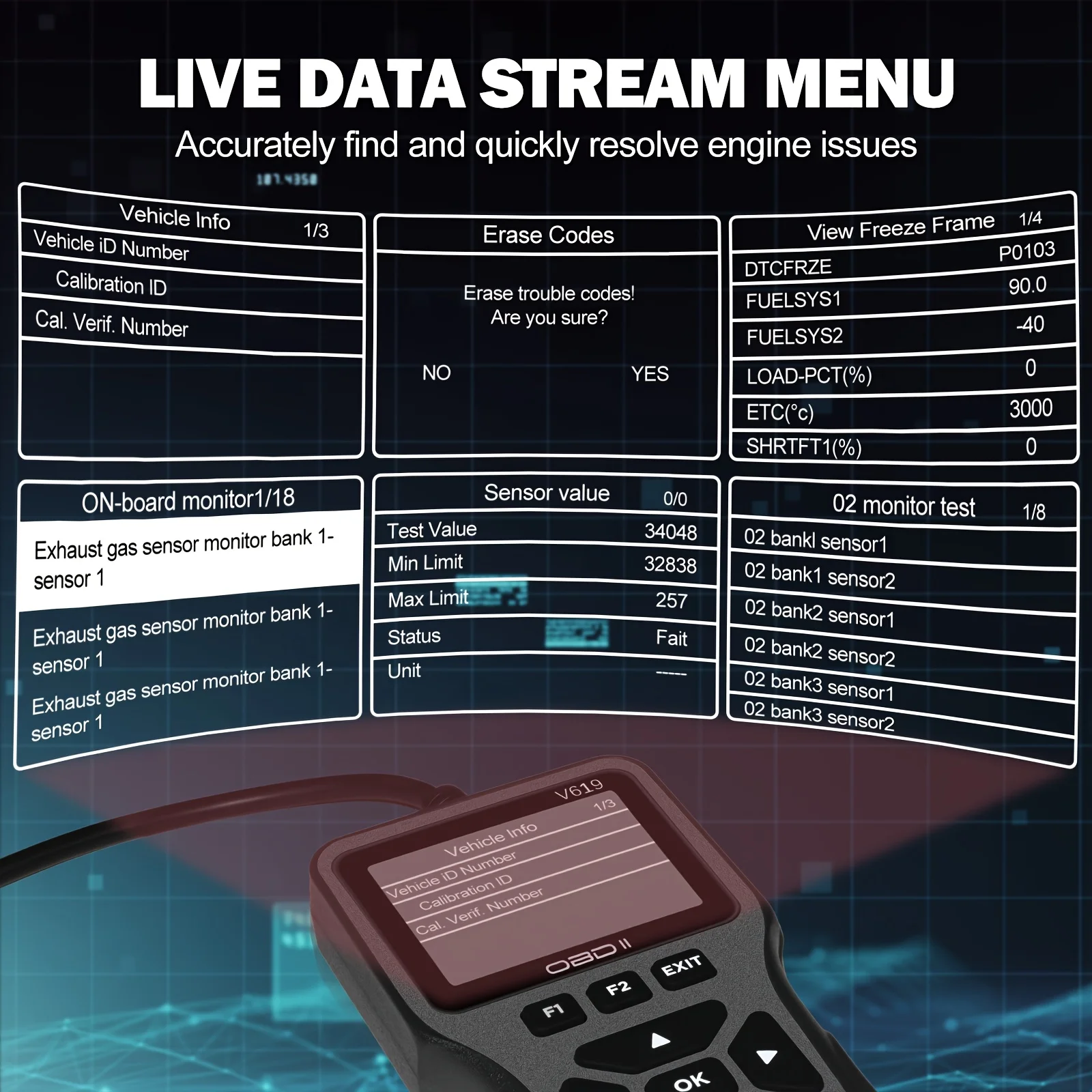 V619 Auto-Diagnosegerät Kfz-OBD2-Scanner für Motorkontrolle mit Farbbildschirm 2026 – Detail 4