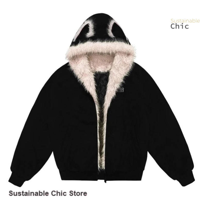 French black new fur collar clip cotton mountain carving cat ear coat women's autumn and winter new fashion padded cotton coat.