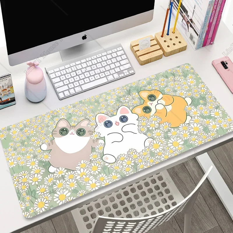 Alfombrilla de ratón para juegos de gato rosa, alfombrilla para teclado de 90x40 cm, alfombrilla de ratón de Anime XL, alfombrilla de escritorio de dibujos animados para jugadores, accesorios para Pc, alfombrilla de ratón bonita Kawaii