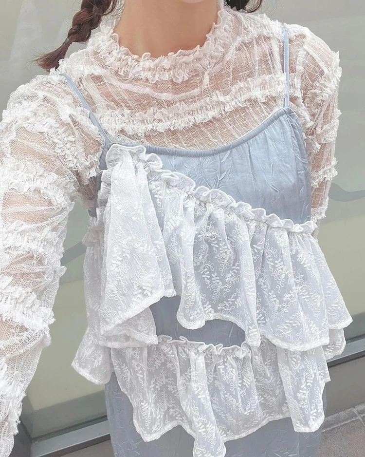 

Elastic Ruffle High Elasticity Sheer Layered Long Sleeve Top Sweet Women's T-Shirts Fashion Casual Base Shirt Japanese Style