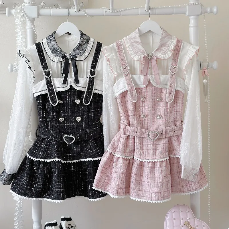 

Japanese Mine Series Plaid Dress Set Autumn Winter New Sweet Girl Strap Top Long Sleeve Shirt and Shorts Womens Lolita Sets