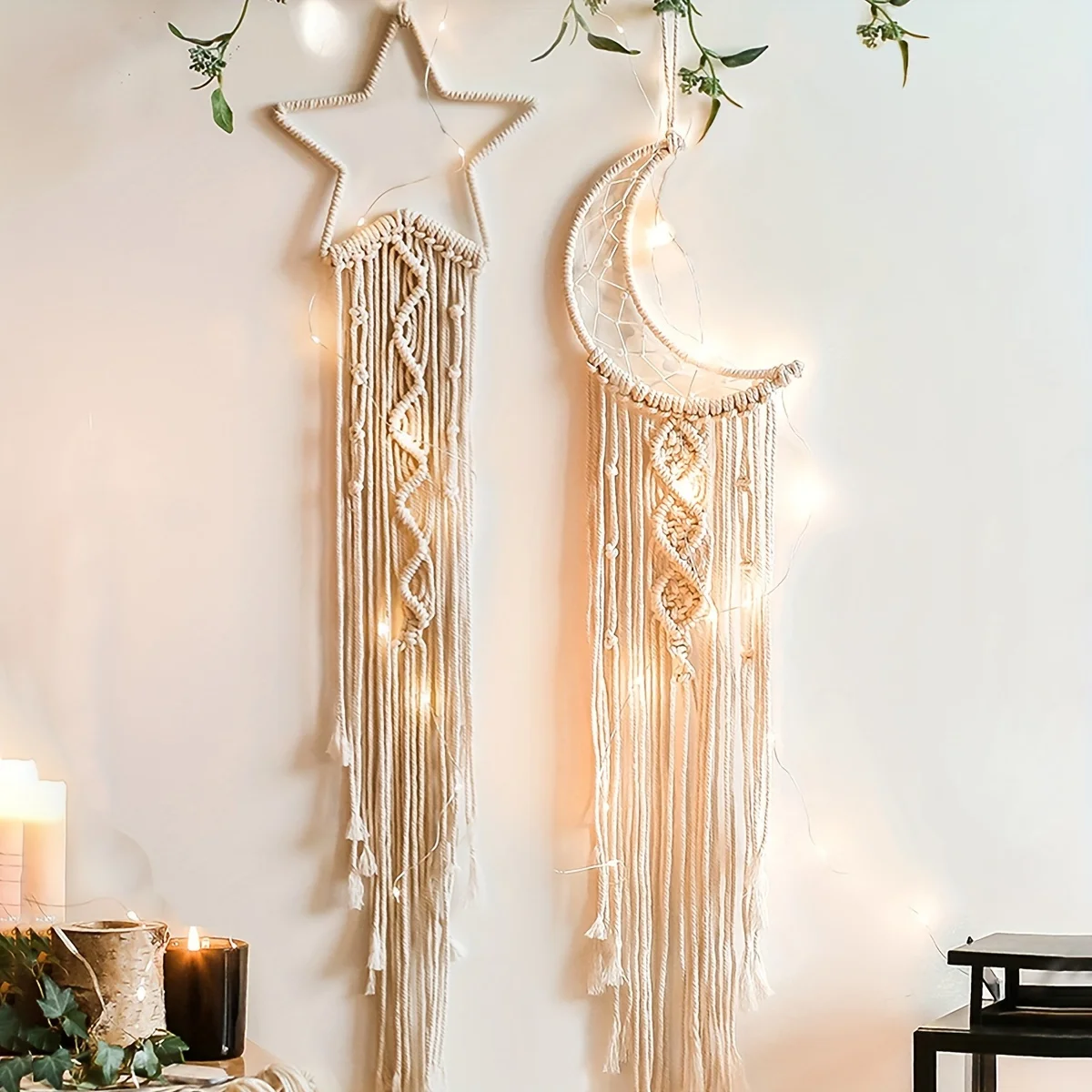 

2pcs/Set Handwoven Lace Star & Moon Hanging Pendant Macrame Wall Sculptures for Bedroom Living Room Wedding Festival Decor